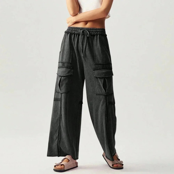 Black Casual Women's Vacation Knit Pockets Wide Leg Pants - Picture 7 of 8